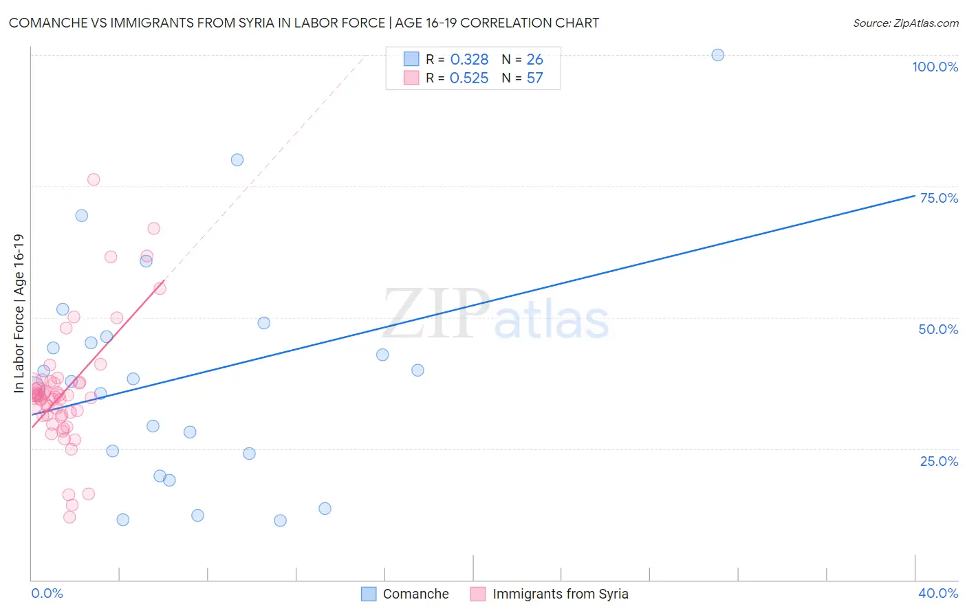 Comanche vs Immigrants from Syria In Labor Force | Age 16-19