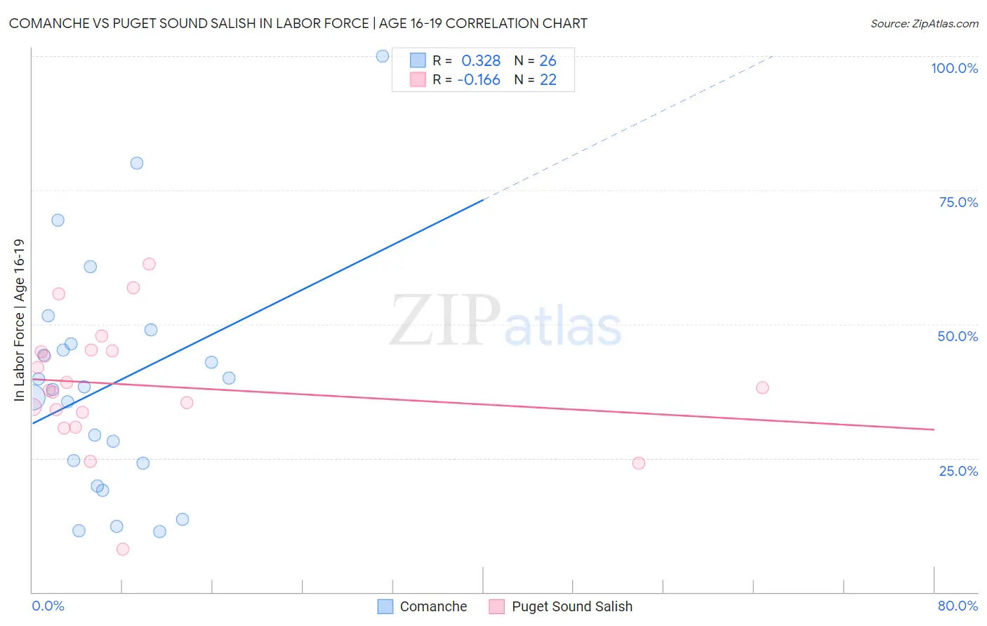 Comanche vs Puget Sound Salish In Labor Force | Age 16-19