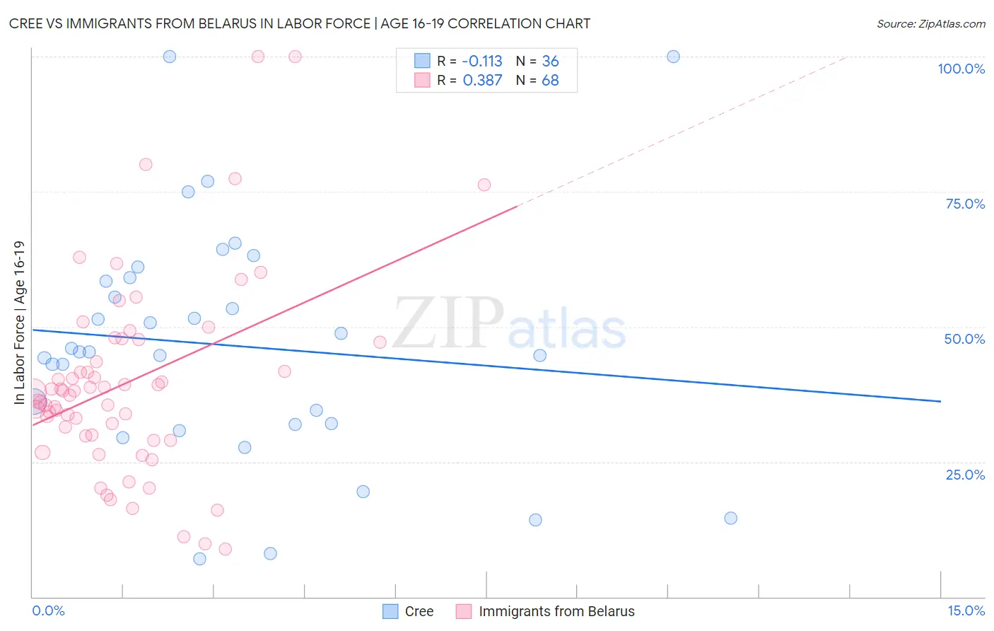 Cree vs Immigrants from Belarus In Labor Force | Age 16-19