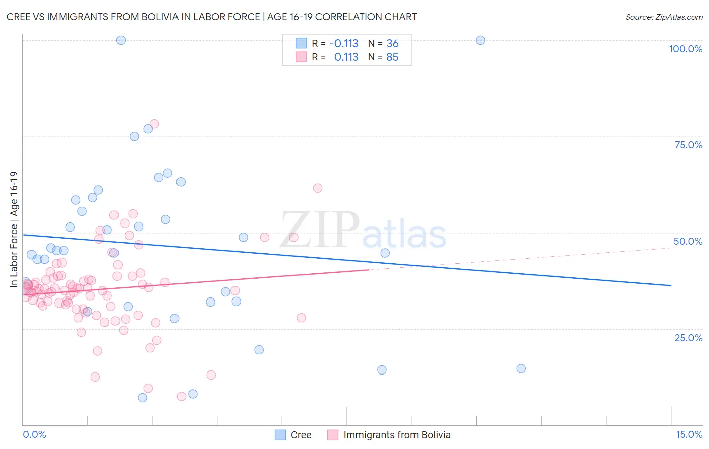 Cree vs Immigrants from Bolivia In Labor Force | Age 16-19
