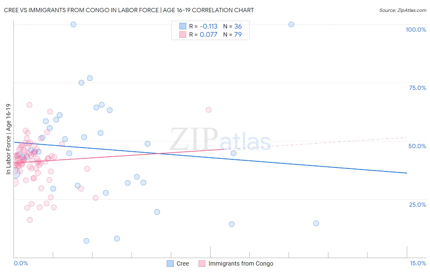 Cree vs Immigrants from Congo In Labor Force | Age 16-19