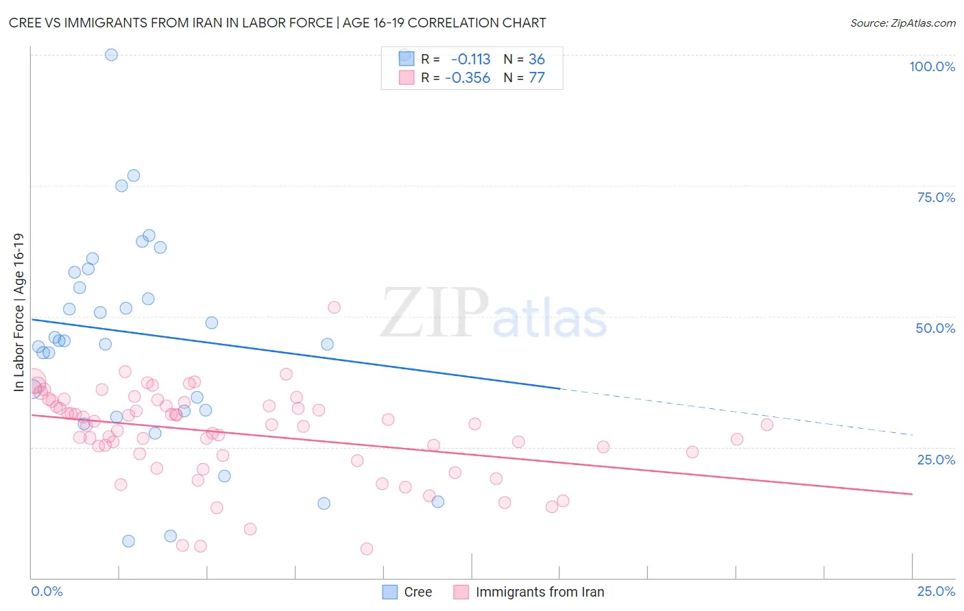 Cree vs Immigrants from Iran In Labor Force | Age 16-19