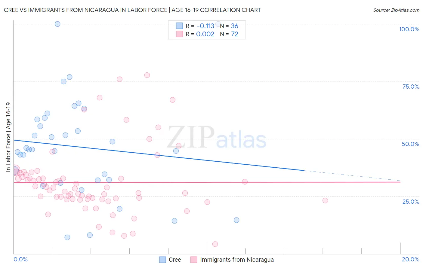 Cree vs Immigrants from Nicaragua In Labor Force | Age 16-19