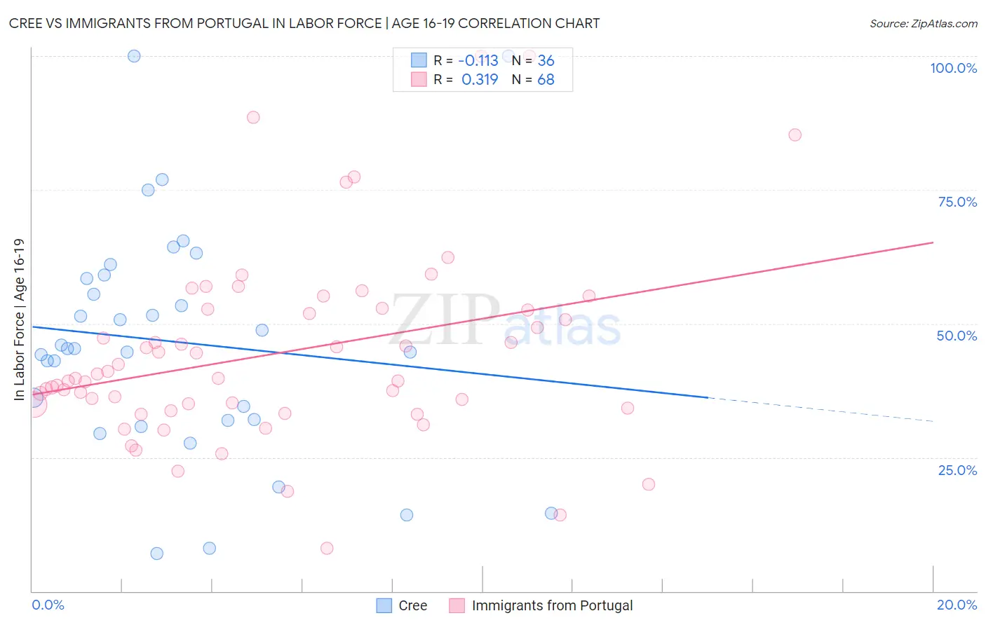 Cree vs Immigrants from Portugal In Labor Force | Age 16-19