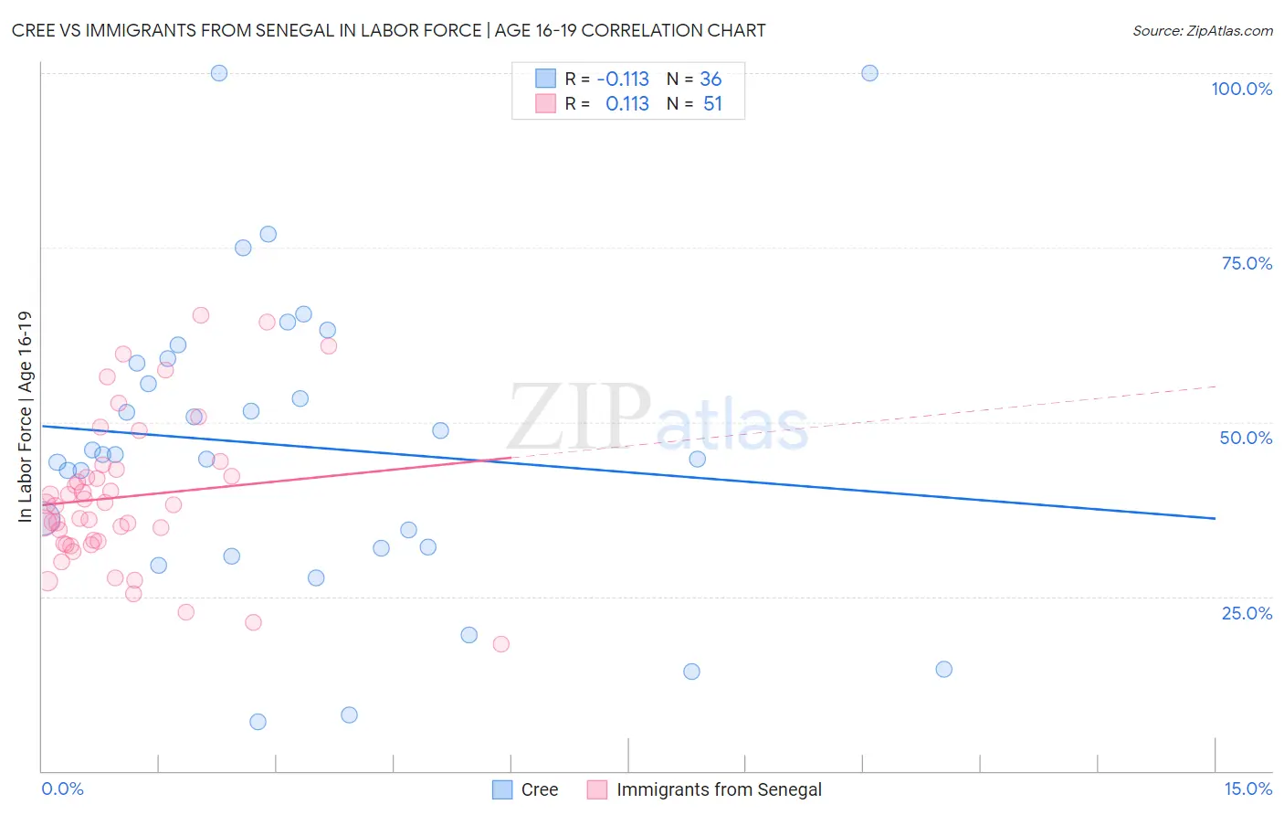 Cree vs Immigrants from Senegal In Labor Force | Age 16-19