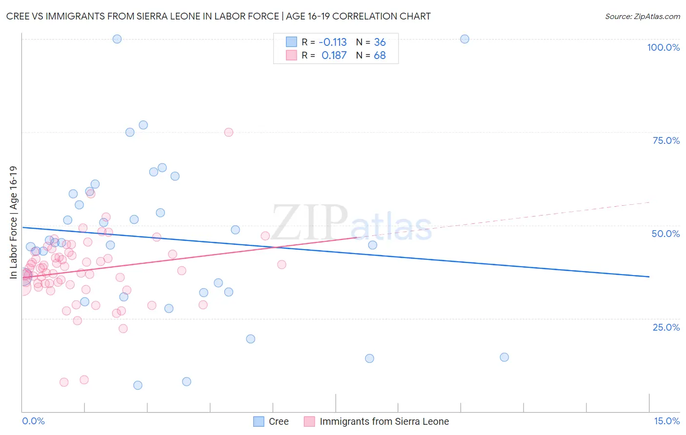 Cree vs Immigrants from Sierra Leone In Labor Force | Age 16-19