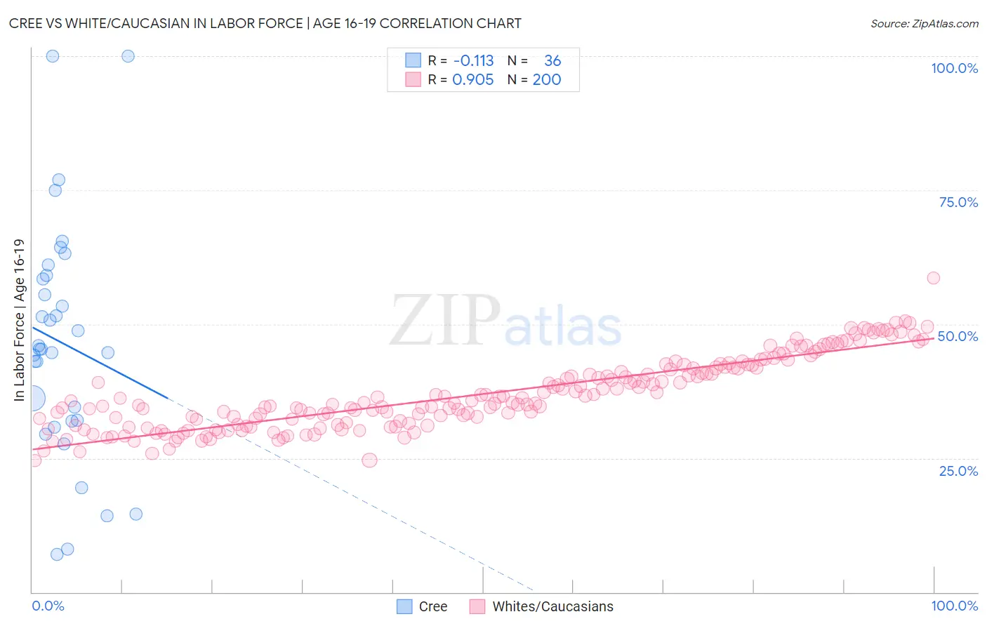 Cree vs White/Caucasian In Labor Force | Age 16-19