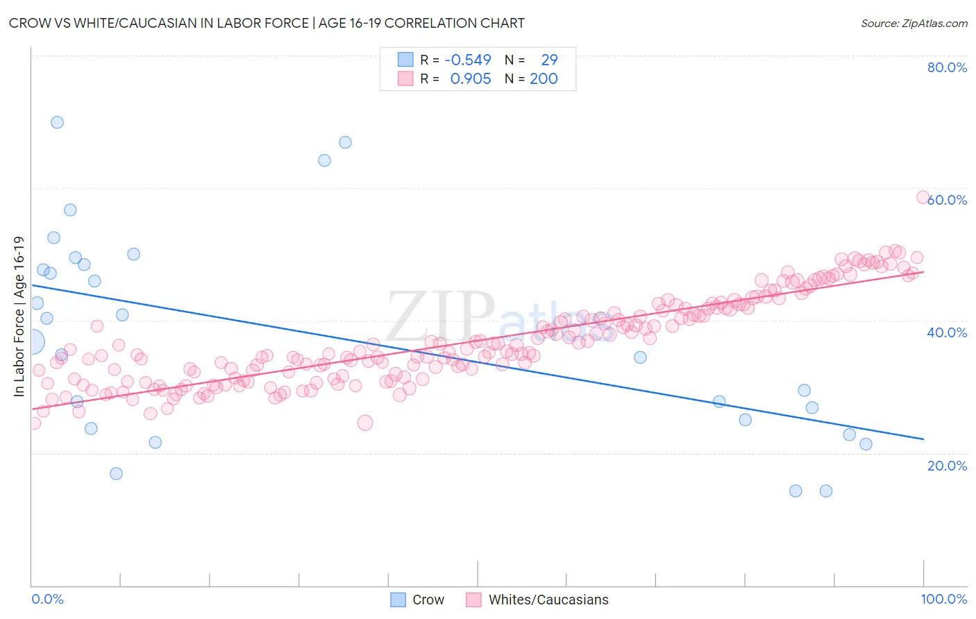 Crow vs White/Caucasian In Labor Force | Age 16-19