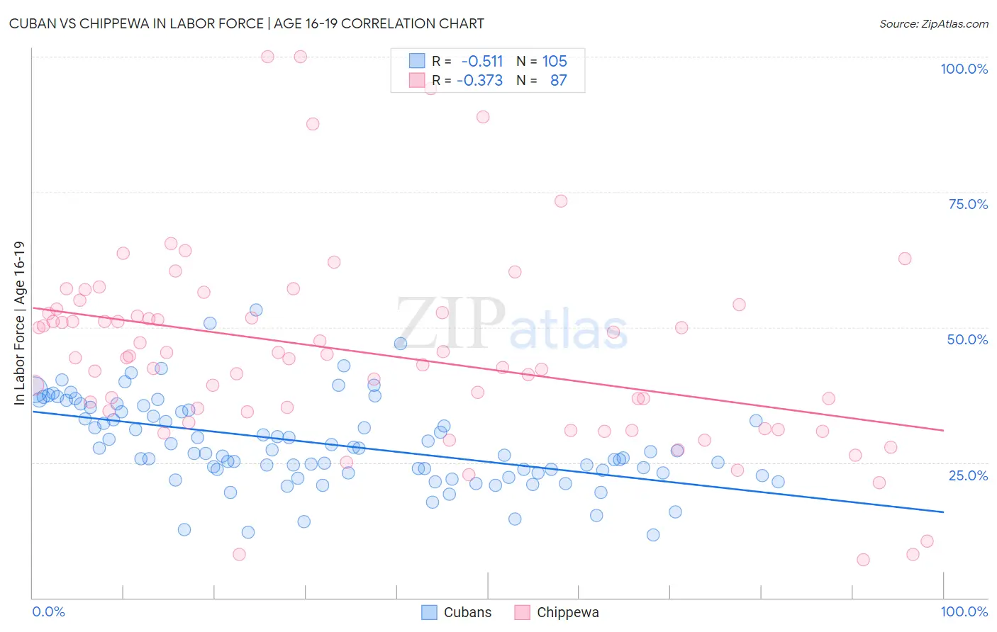 Cuban vs Chippewa In Labor Force | Age 16-19