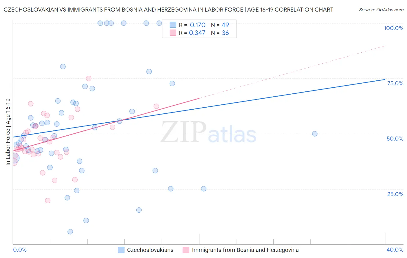 Czechoslovakian vs Immigrants from Bosnia and Herzegovina In Labor Force | Age 16-19