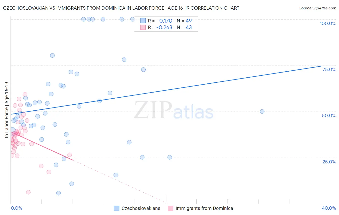Czechoslovakian vs Immigrants from Dominica In Labor Force | Age 16-19