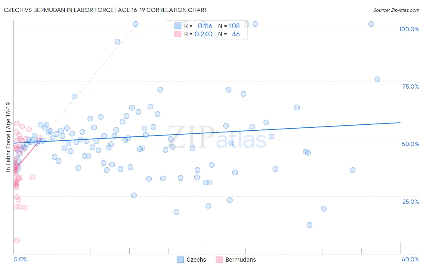 Czech vs Bermudan In Labor Force | Age 16-19