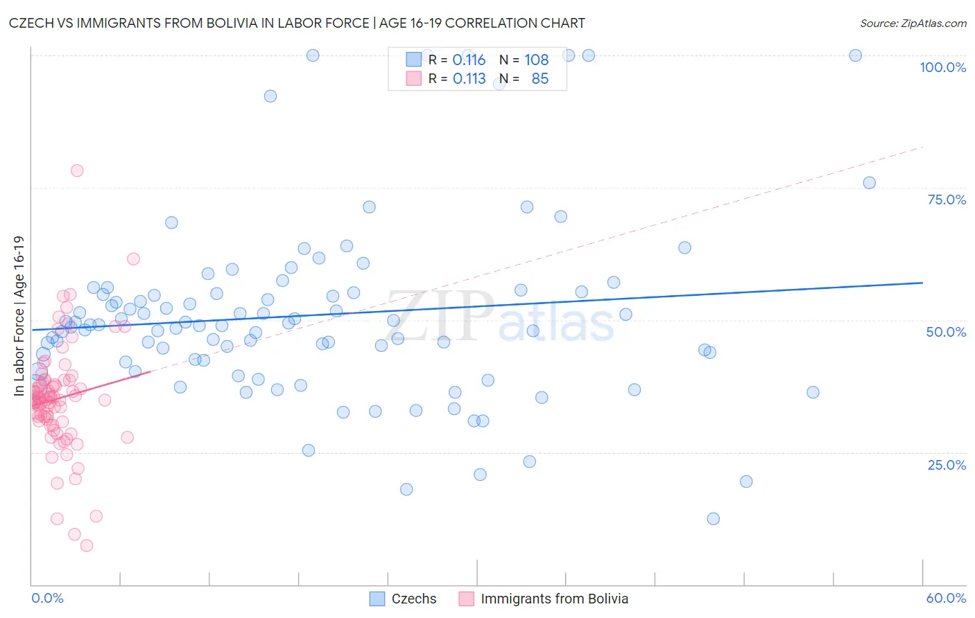 Czech vs Immigrants from Bolivia In Labor Force | Age 16-19