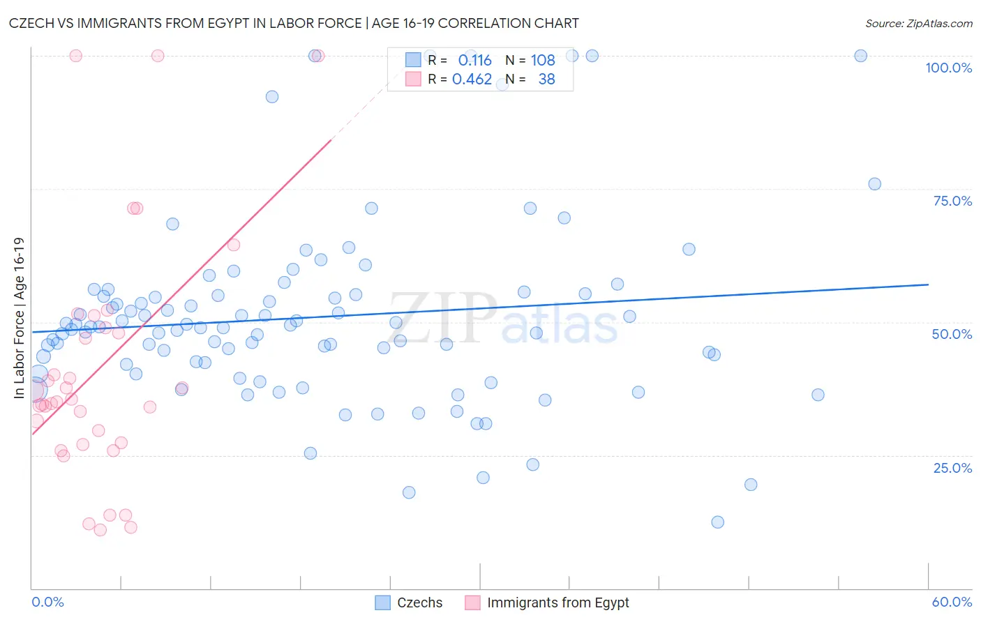 Czech vs Immigrants from Egypt In Labor Force | Age 16-19