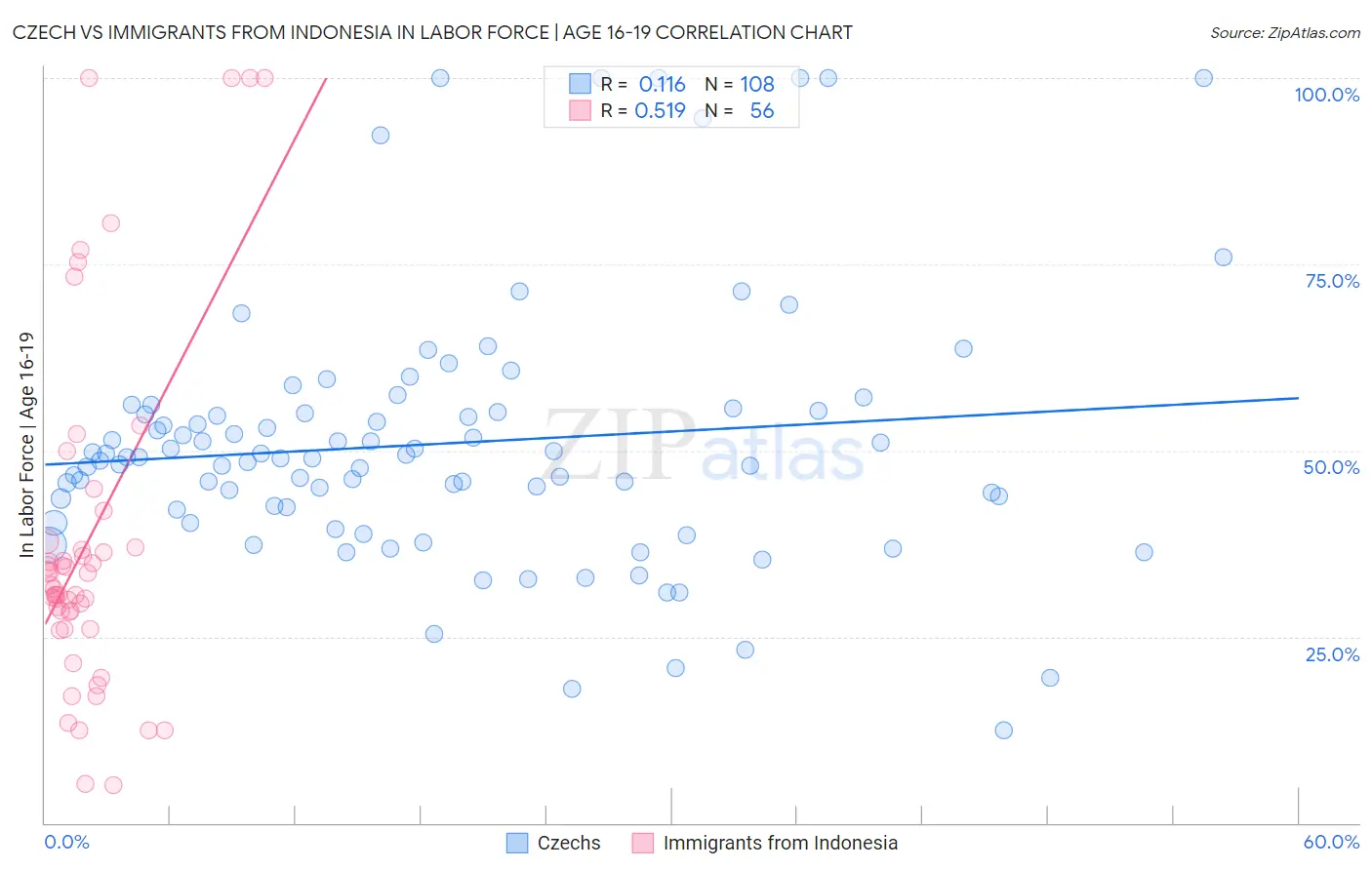 Czech vs Immigrants from Indonesia In Labor Force | Age 16-19
