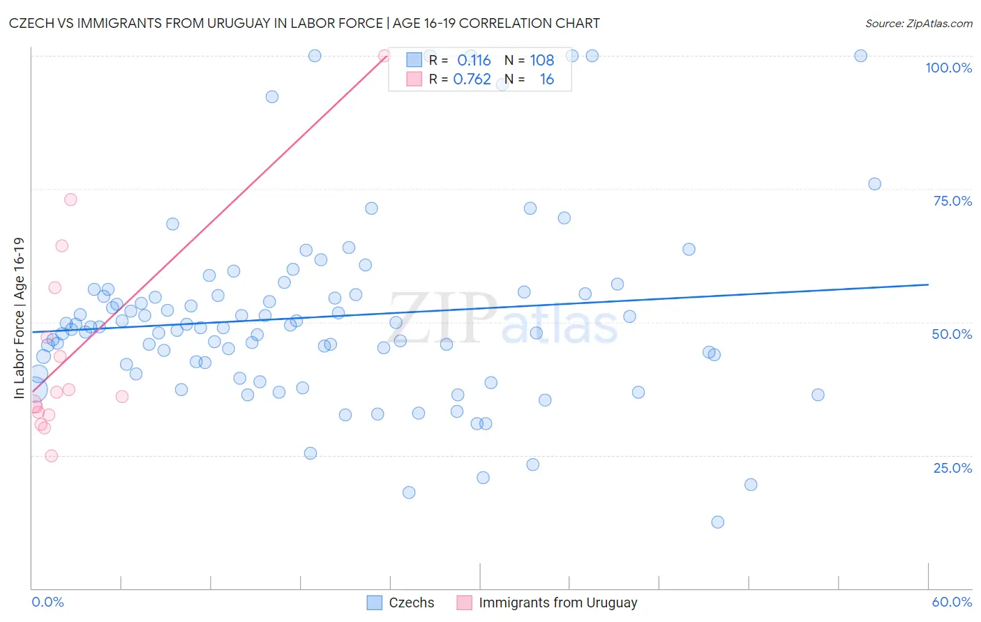 Czech vs Immigrants from Uruguay In Labor Force | Age 16-19