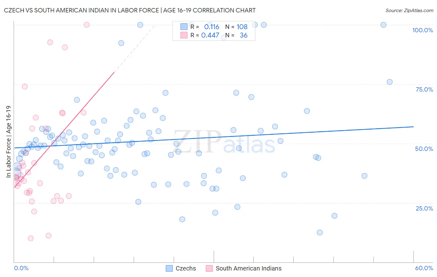 Czech vs South American Indian In Labor Force | Age 16-19