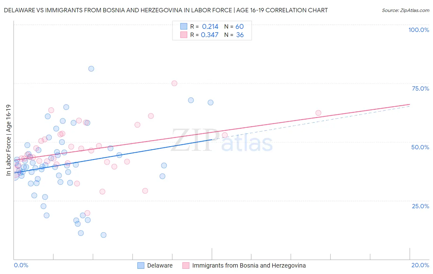 Delaware vs Immigrants from Bosnia and Herzegovina In Labor Force | Age 16-19