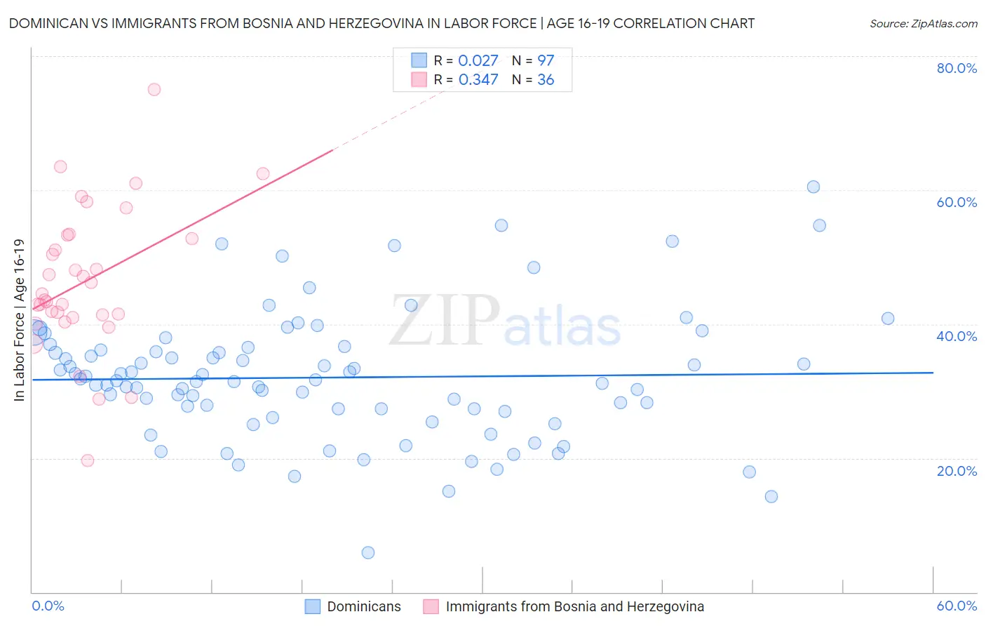 Dominican vs Immigrants from Bosnia and Herzegovina In Labor Force | Age 16-19