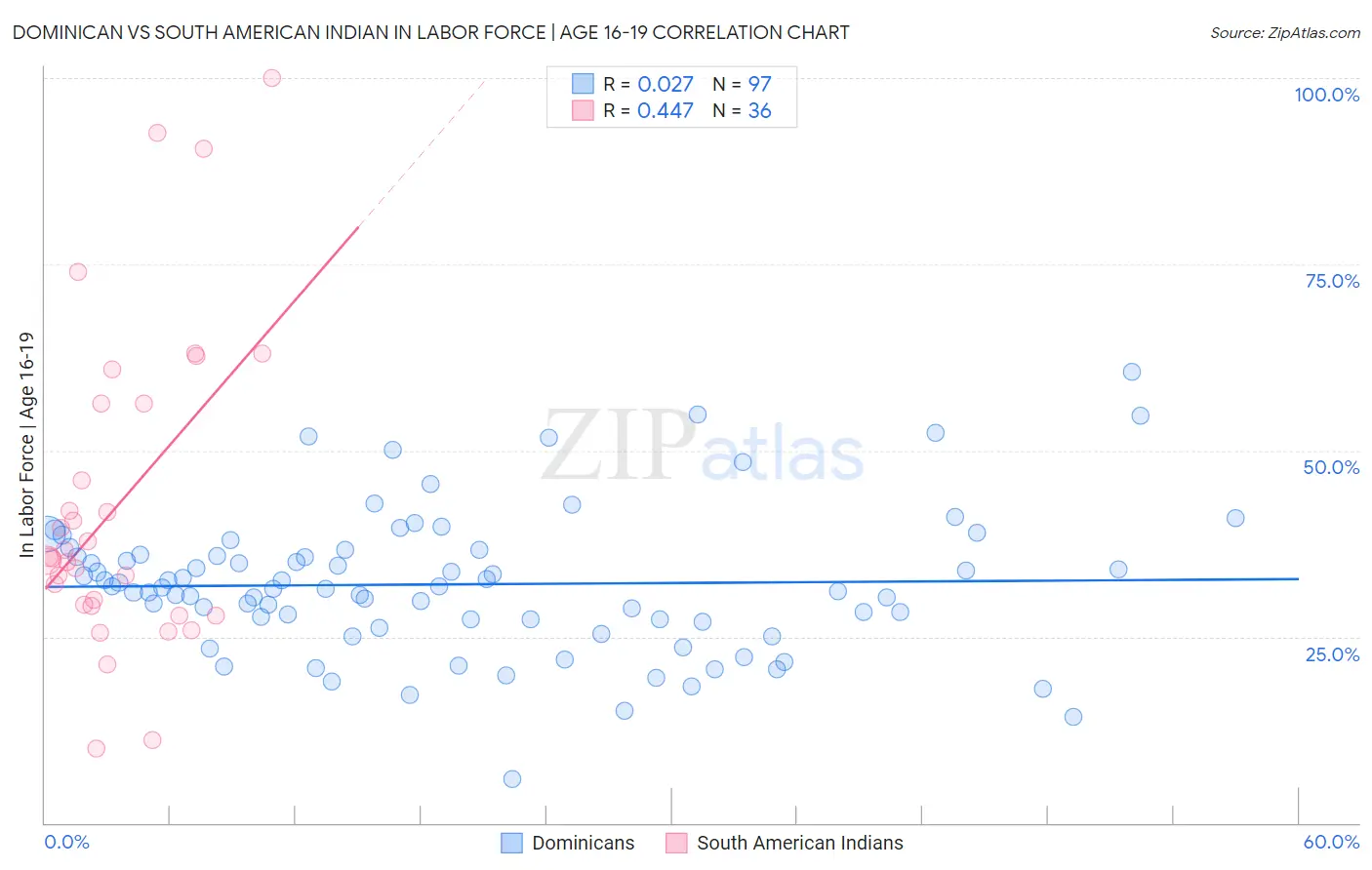 Dominican vs South American Indian In Labor Force | Age 16-19