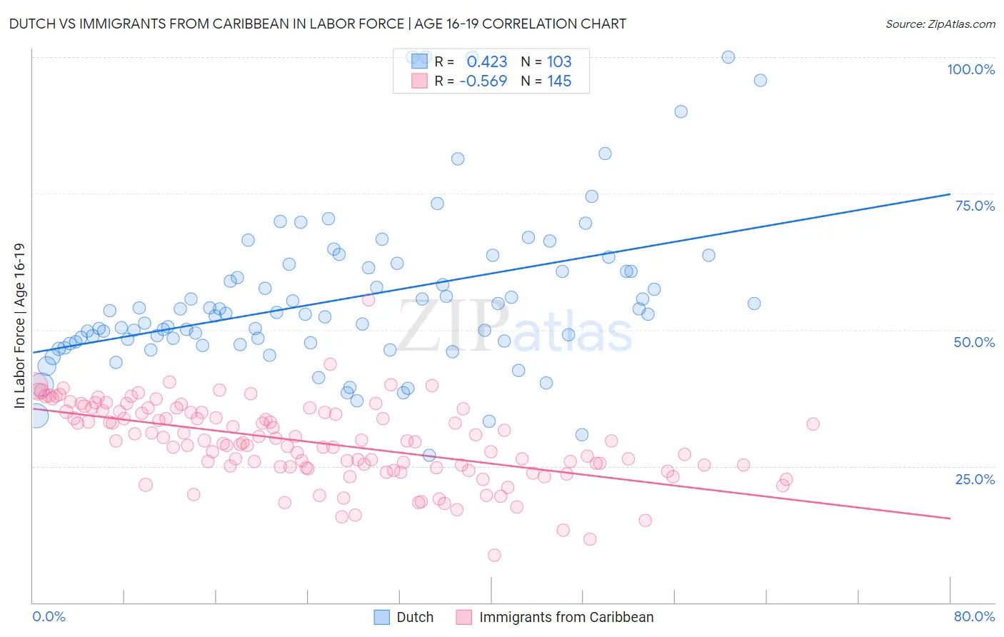 Dutch vs Immigrants from Caribbean In Labor Force | Age 16-19
