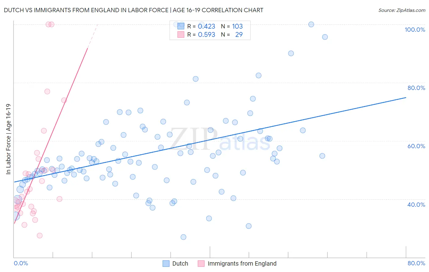 Dutch vs Immigrants from England In Labor Force | Age 16-19