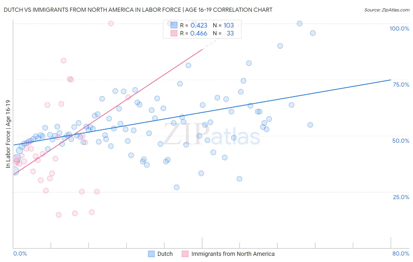Dutch vs Immigrants from North America In Labor Force | Age 16-19