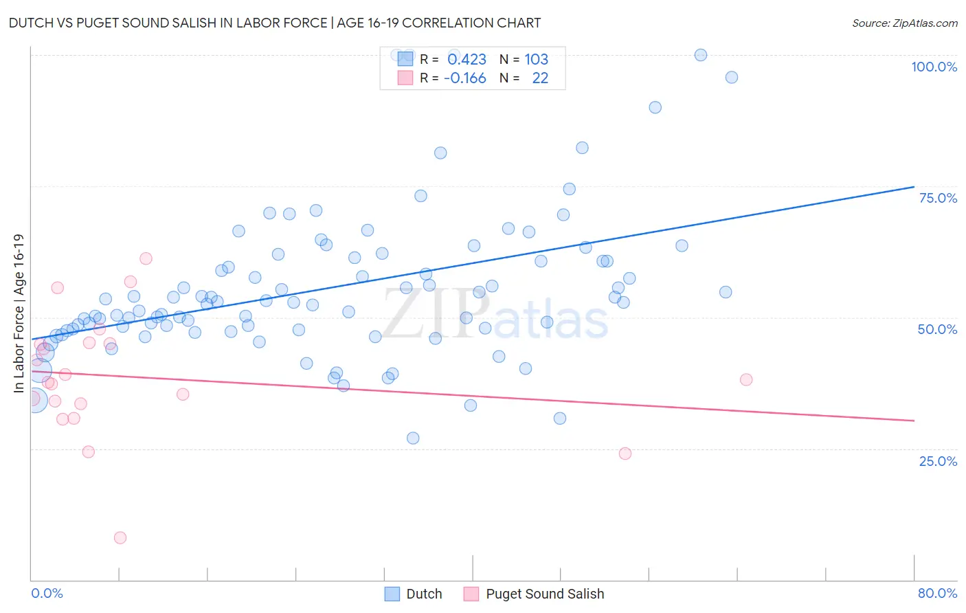 Dutch vs Puget Sound Salish In Labor Force | Age 16-19