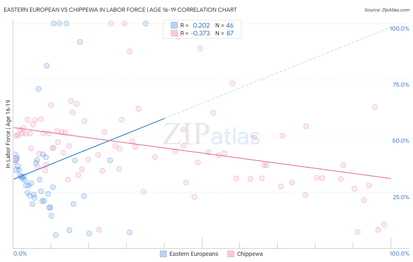 Eastern European vs Chippewa In Labor Force | Age 16-19