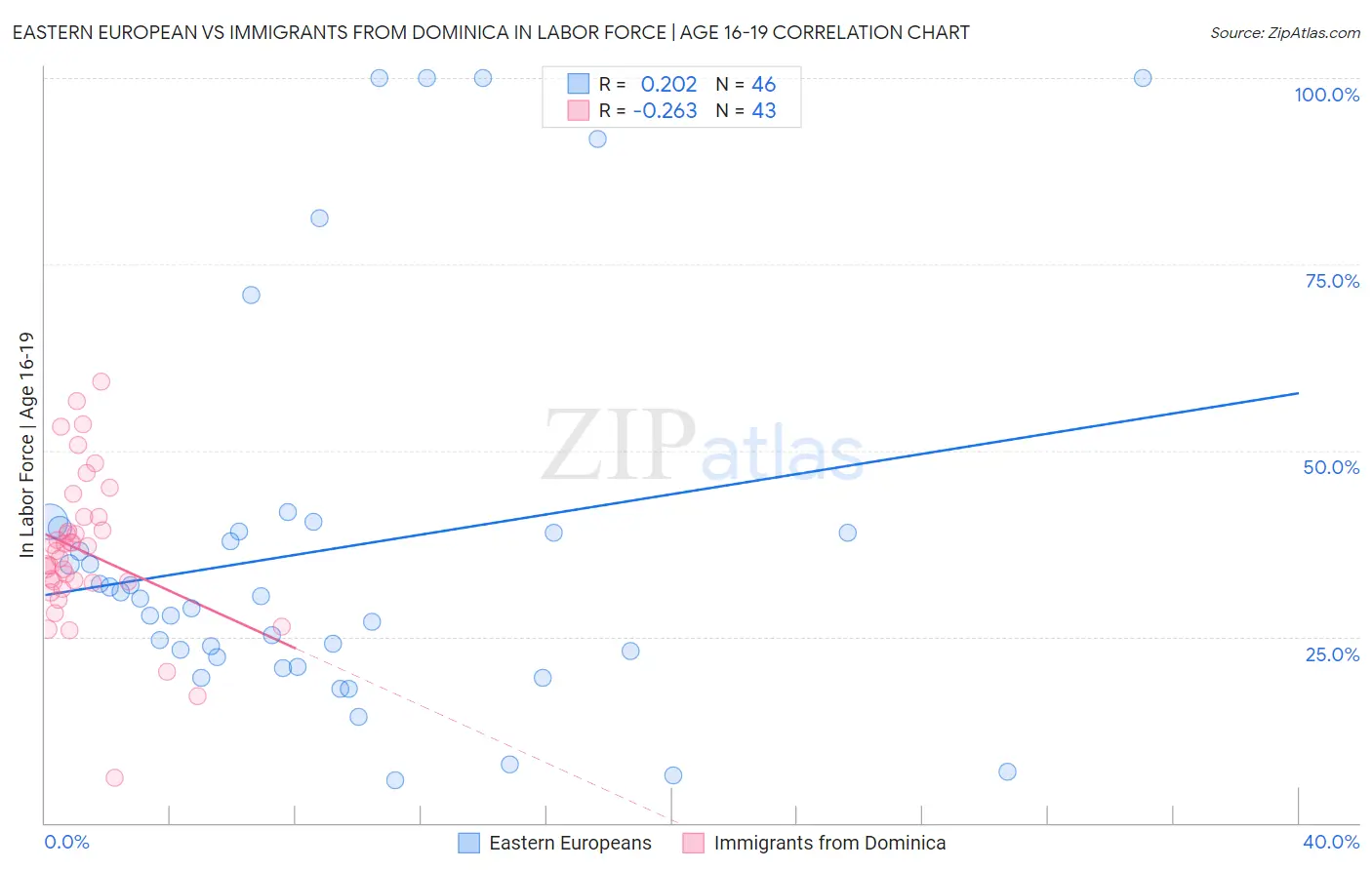 Eastern European vs Immigrants from Dominica In Labor Force | Age 16-19