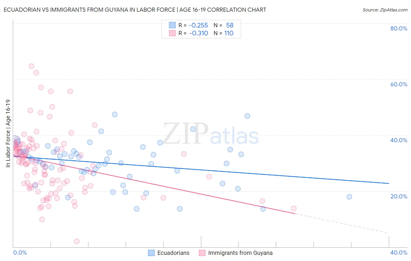 Ecuadorian vs Immigrants from Guyana In Labor Force | Age 16-19