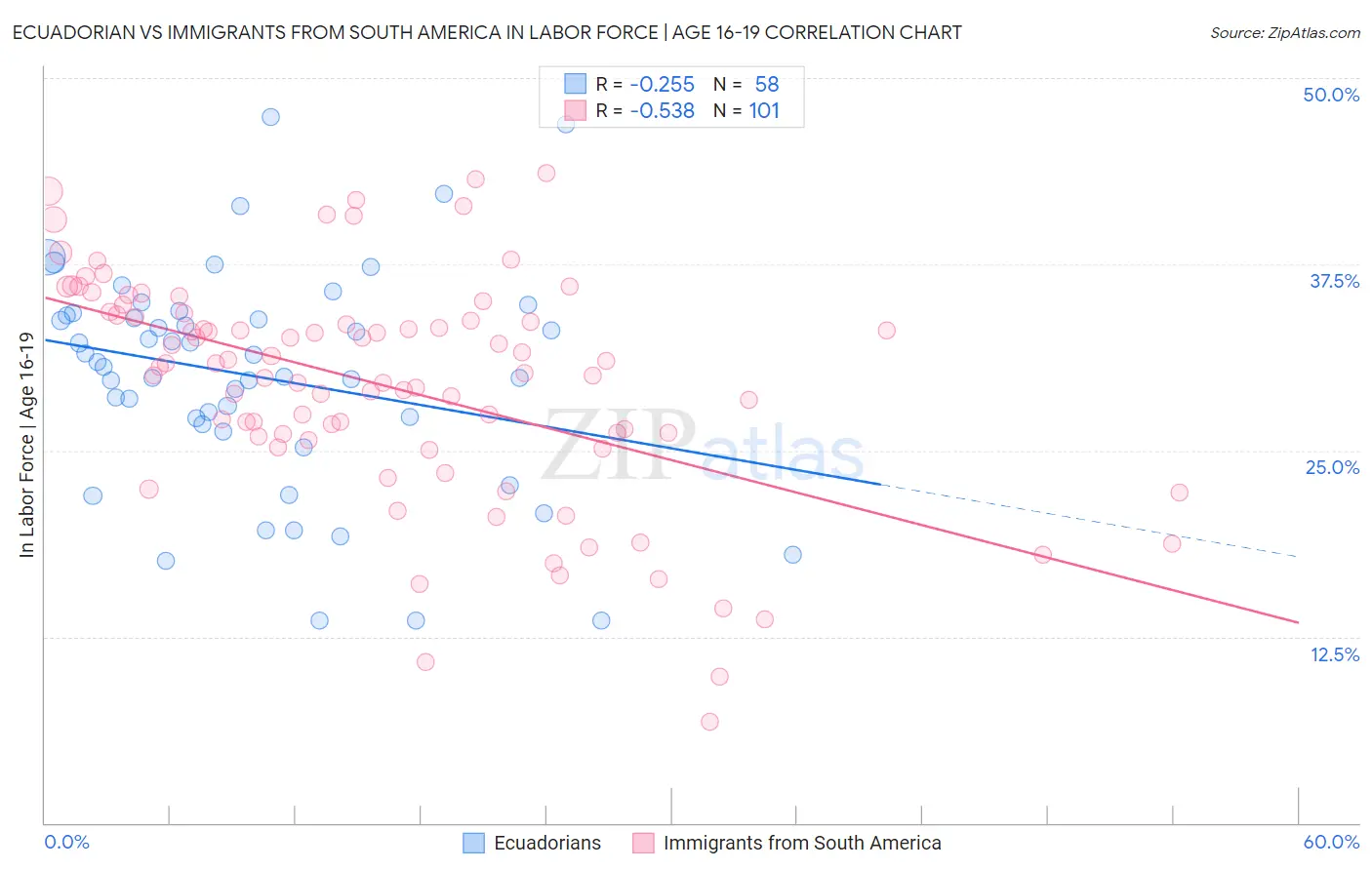 Ecuadorian vs Immigrants from South America In Labor Force | Age 16-19