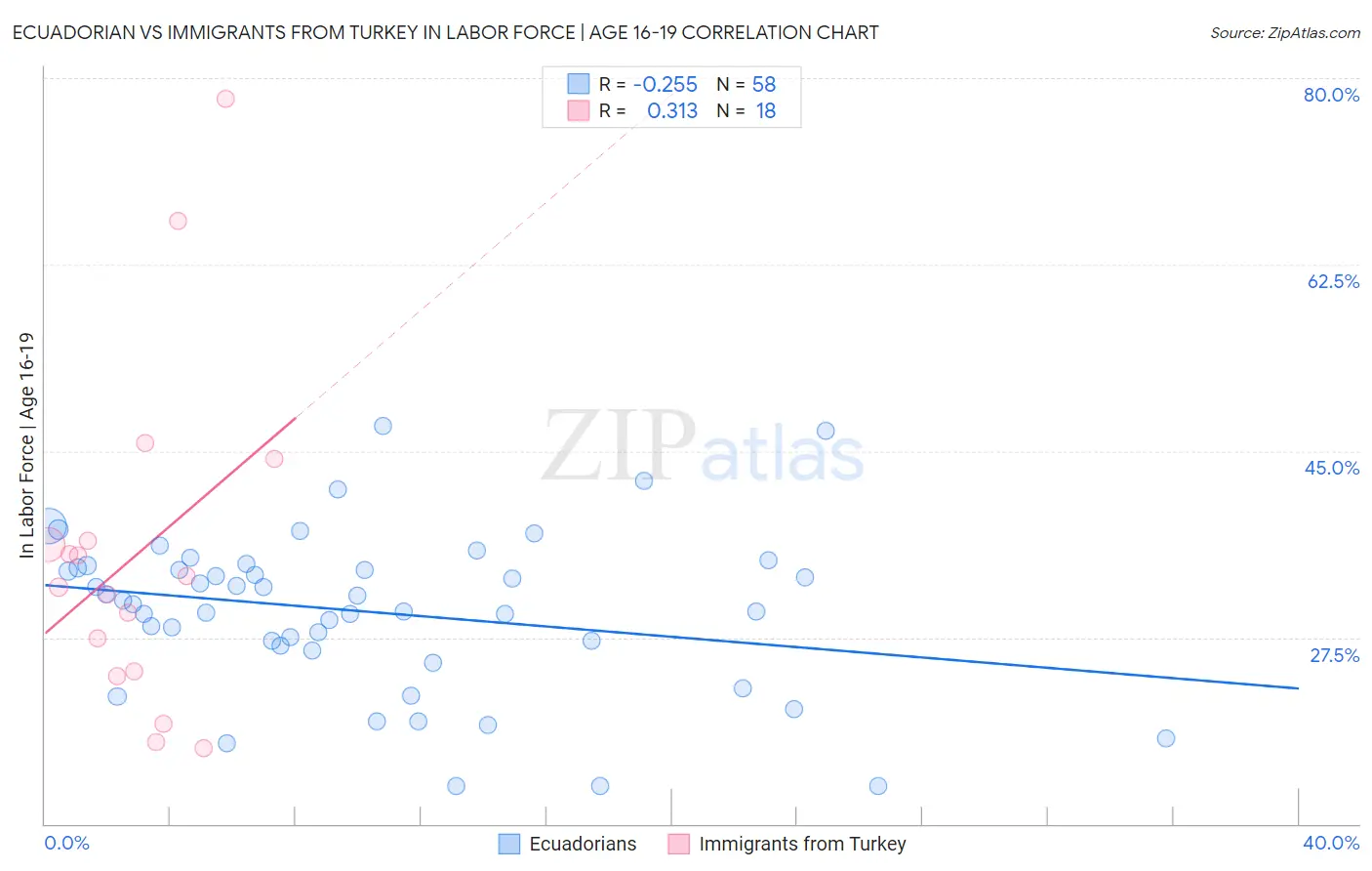 Ecuadorian vs Immigrants from Turkey In Labor Force | Age 16-19