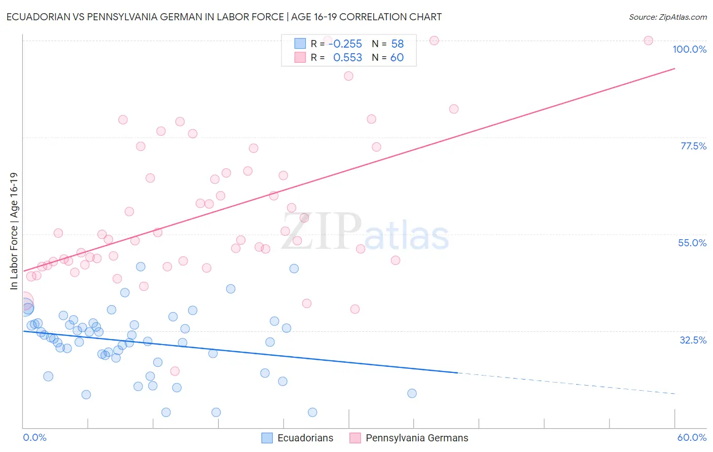 Ecuadorian vs Pennsylvania German In Labor Force | Age 16-19