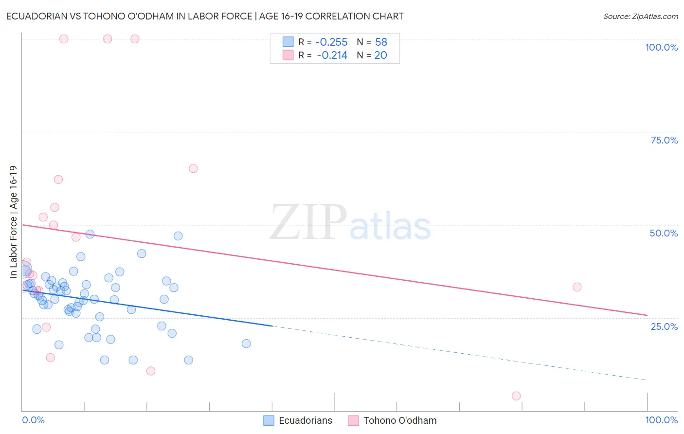 Ecuadorian vs Tohono O'odham In Labor Force | Age 16-19