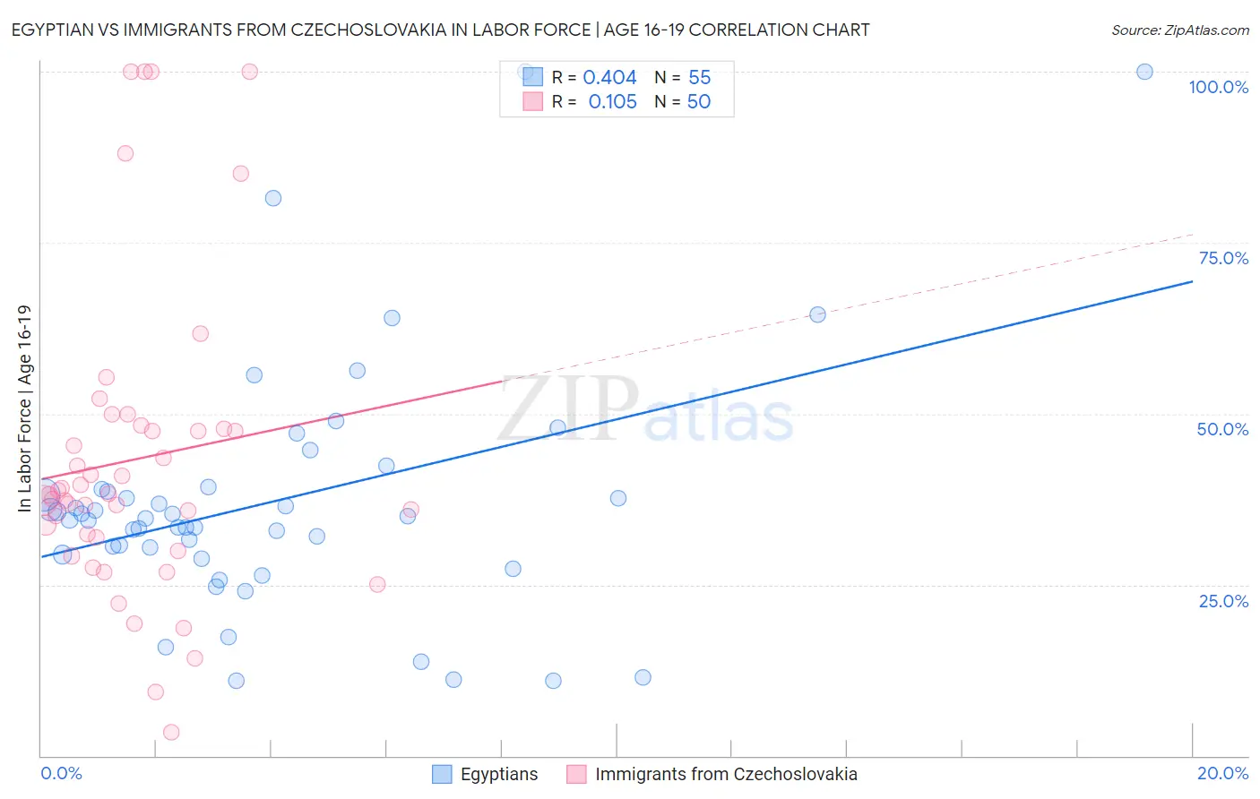 Egyptian vs Immigrants from Czechoslovakia In Labor Force | Age 16-19