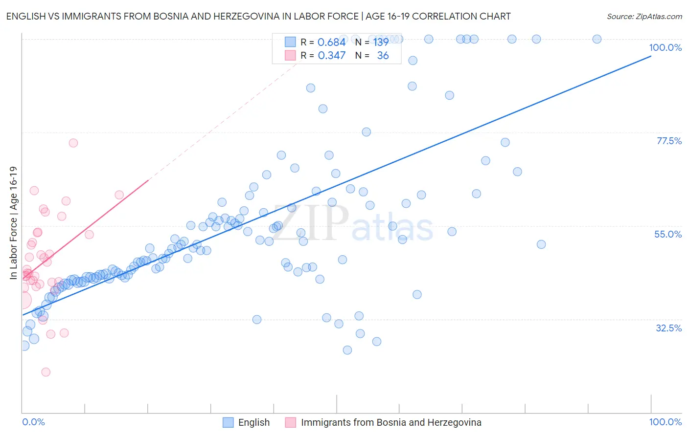 English vs Immigrants from Bosnia and Herzegovina In Labor Force | Age 16-19