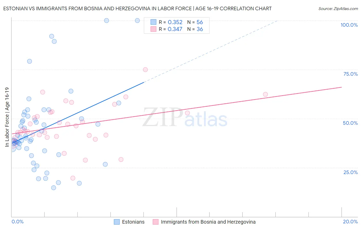 Estonian vs Immigrants from Bosnia and Herzegovina In Labor Force | Age 16-19