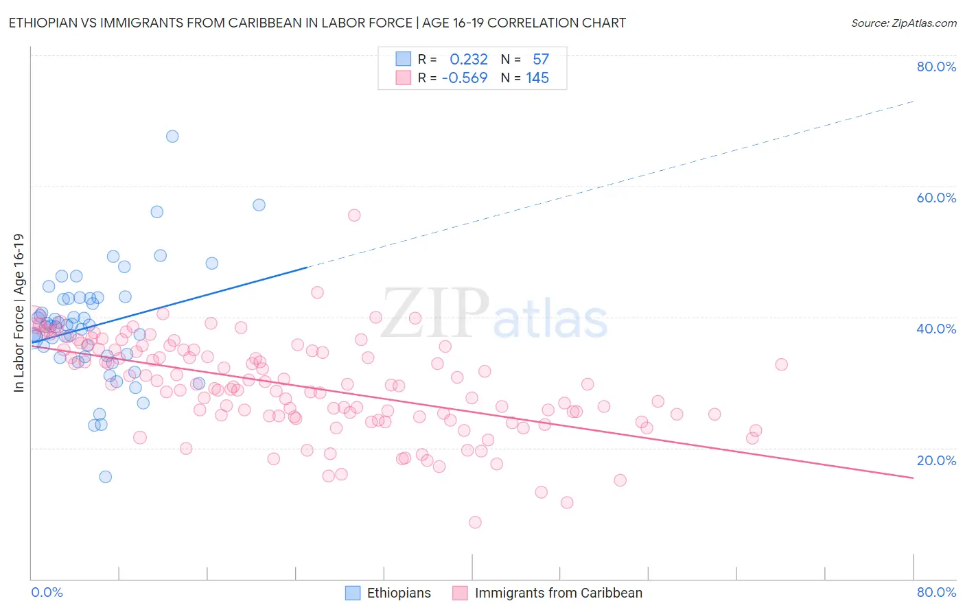 Ethiopian vs Immigrants from Caribbean In Labor Force | Age 16-19