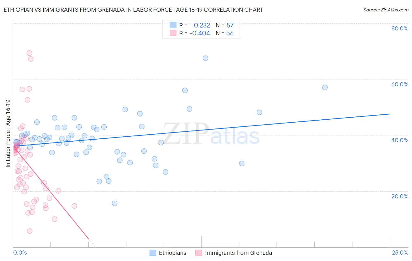 Ethiopian vs Immigrants from Grenada In Labor Force | Age 16-19