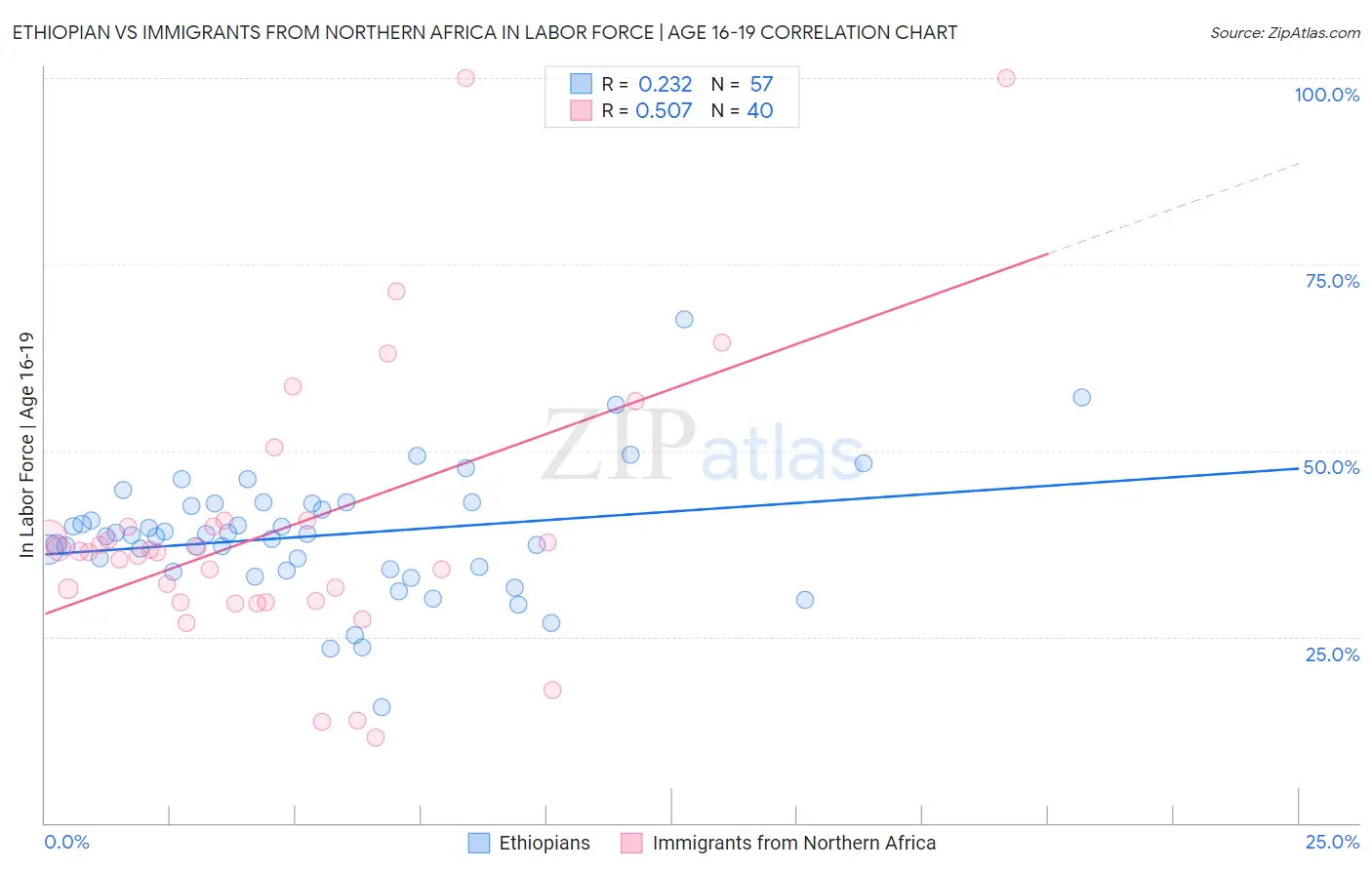 Ethiopian vs Immigrants from Northern Africa In Labor Force | Age 16-19
