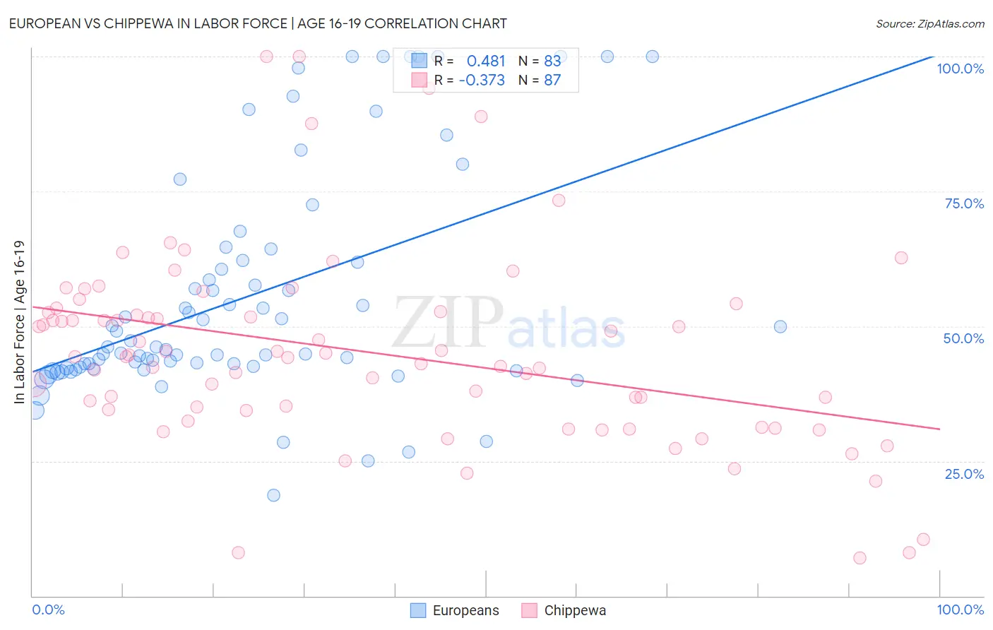 European vs Chippewa In Labor Force | Age 16-19