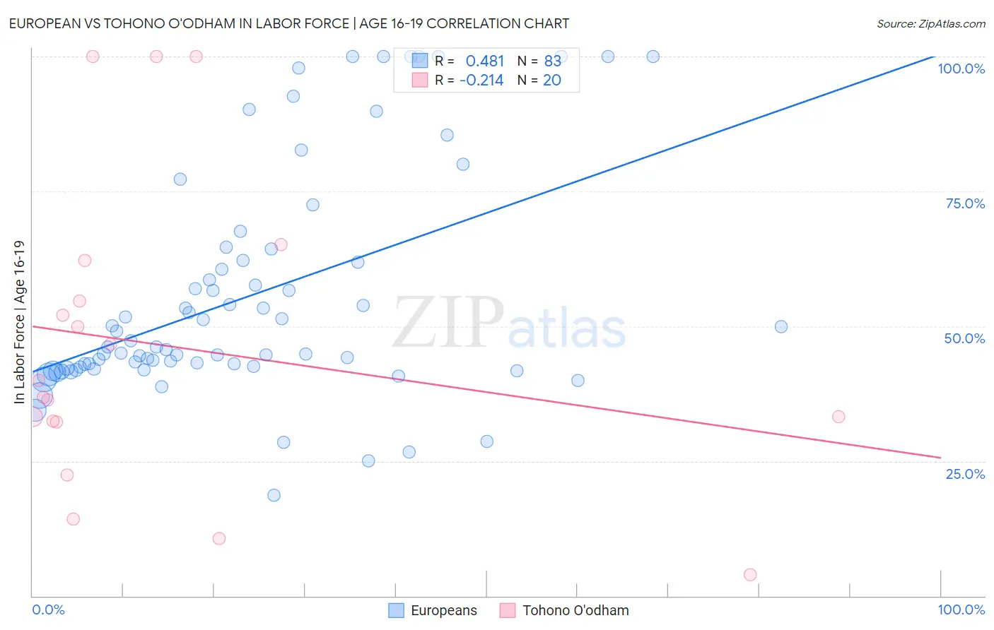 European vs Tohono O'odham In Labor Force | Age 16-19