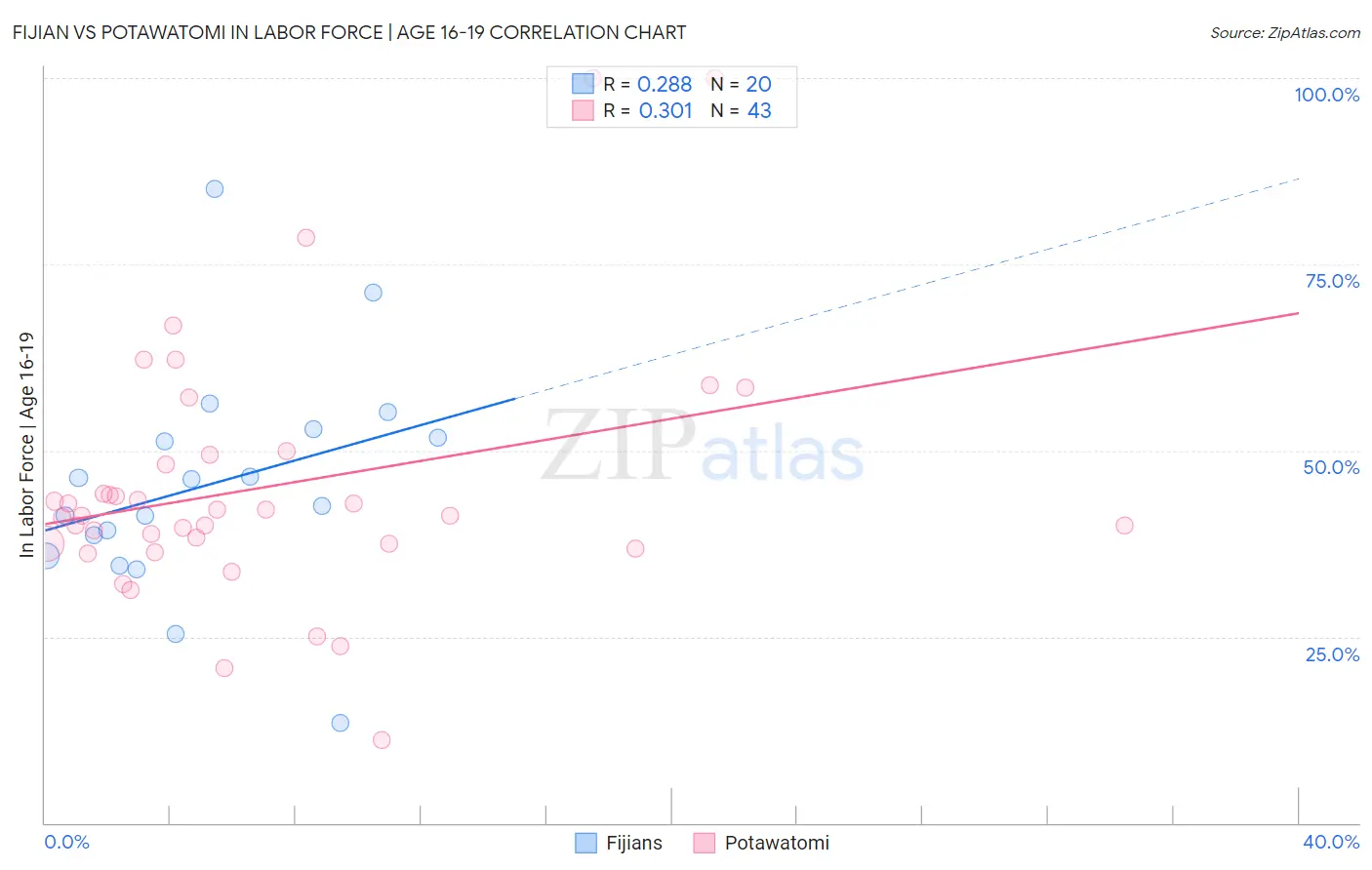 Fijian vs Potawatomi In Labor Force | Age 16-19