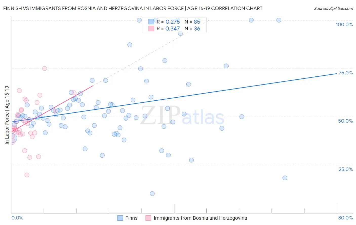 Finnish vs Immigrants from Bosnia and Herzegovina In Labor Force | Age 16-19