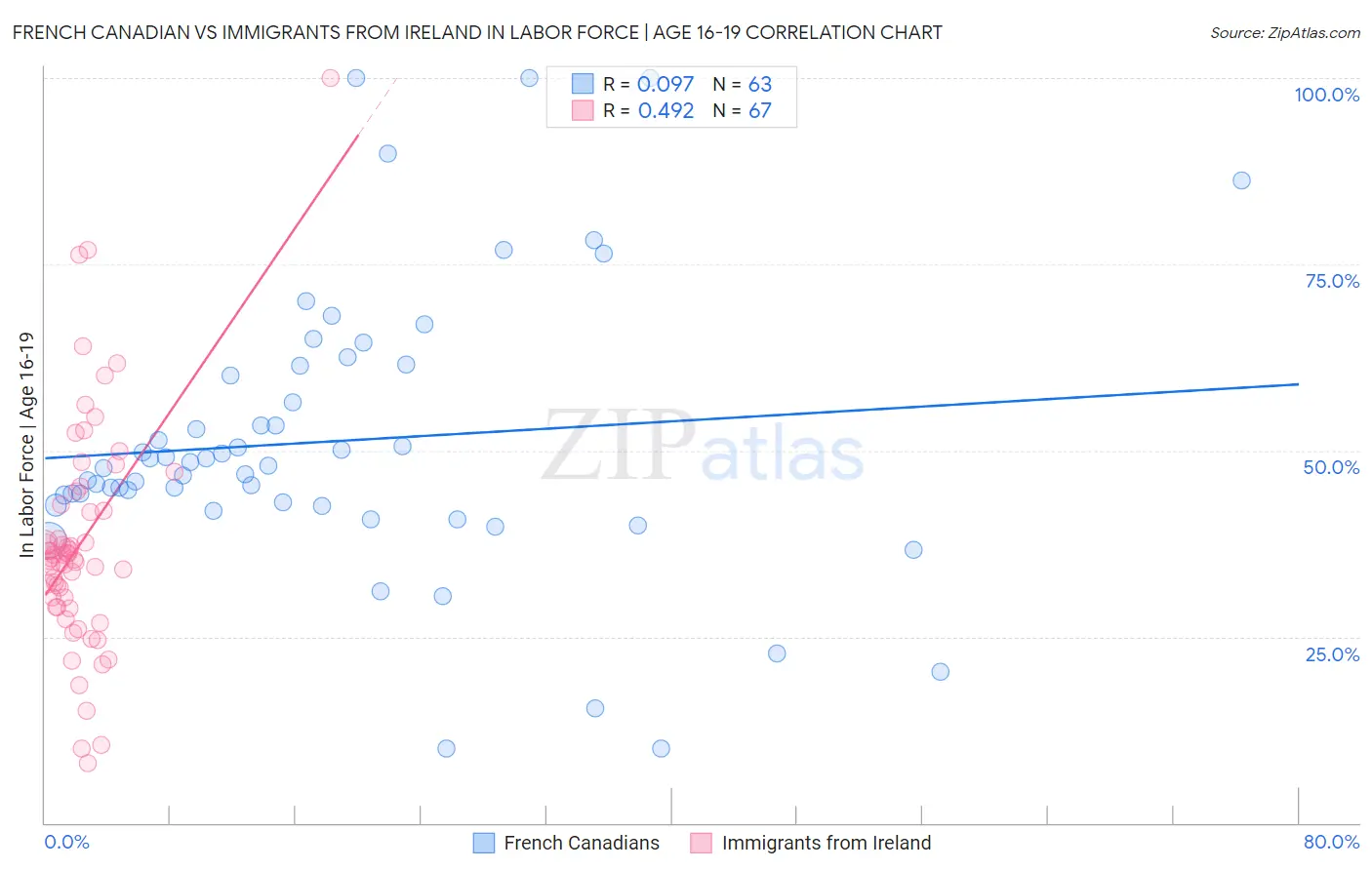 French Canadian vs Immigrants from Ireland In Labor Force | Age 16-19