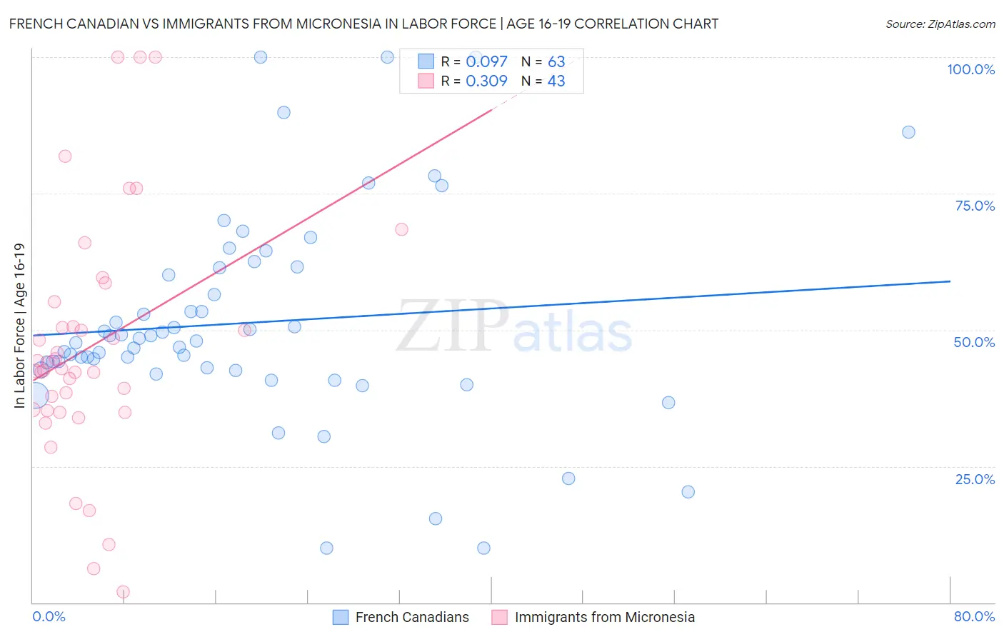 French Canadian vs Immigrants from Micronesia In Labor Force | Age 16-19