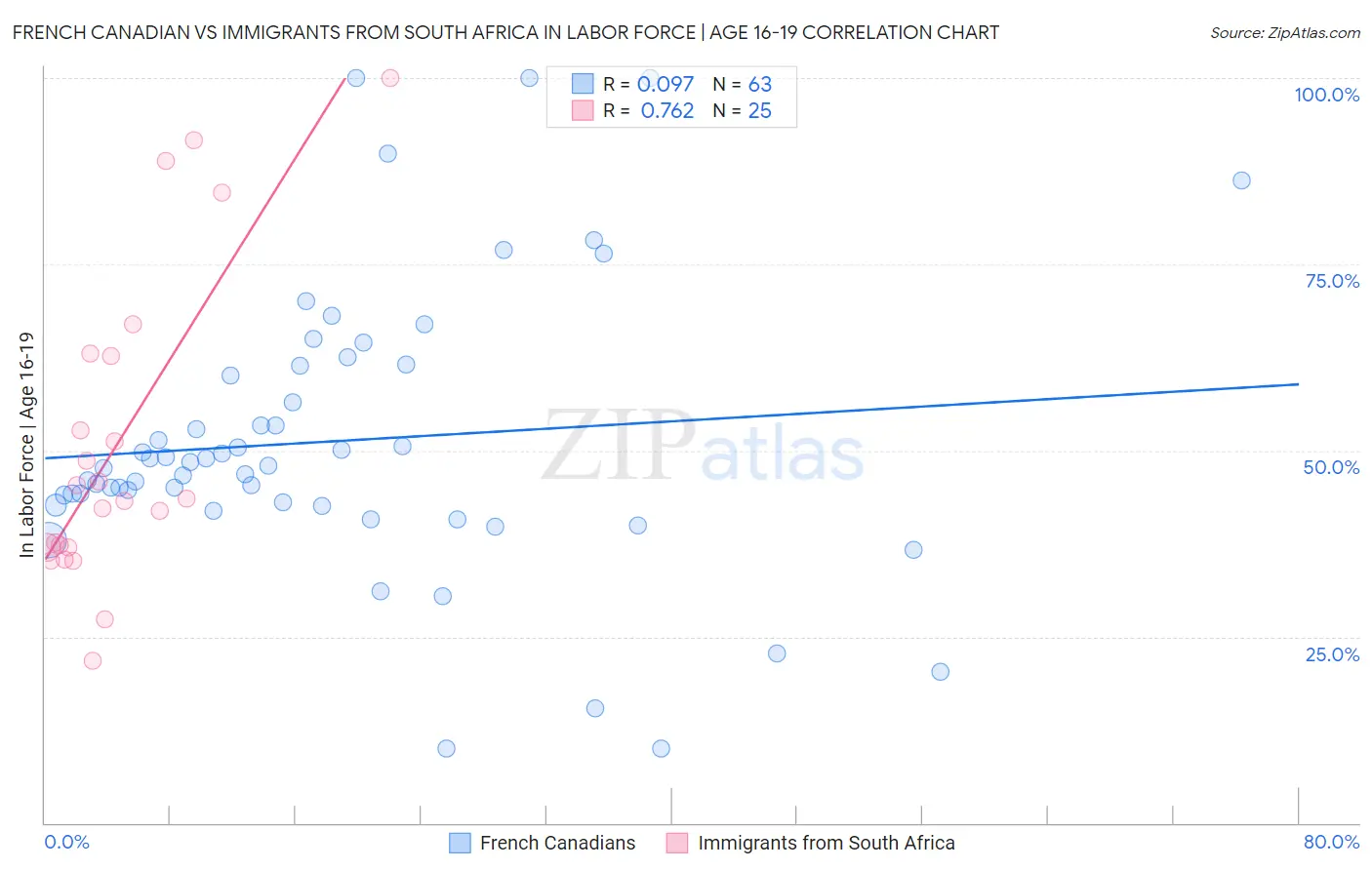 French Canadian vs Immigrants from South Africa In Labor Force | Age 16-19