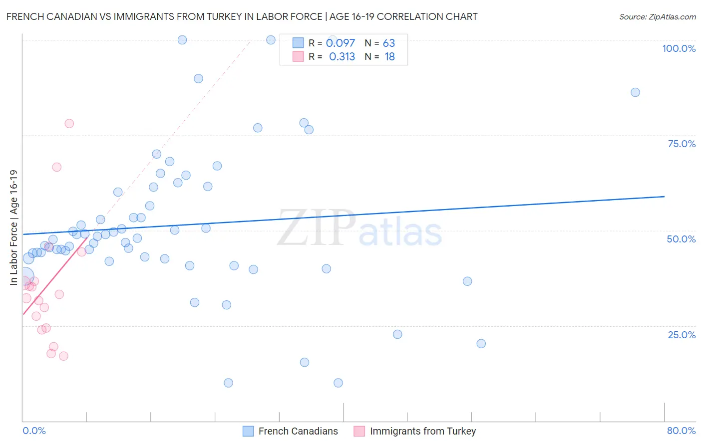 French Canadian vs Immigrants from Turkey In Labor Force | Age 16-19