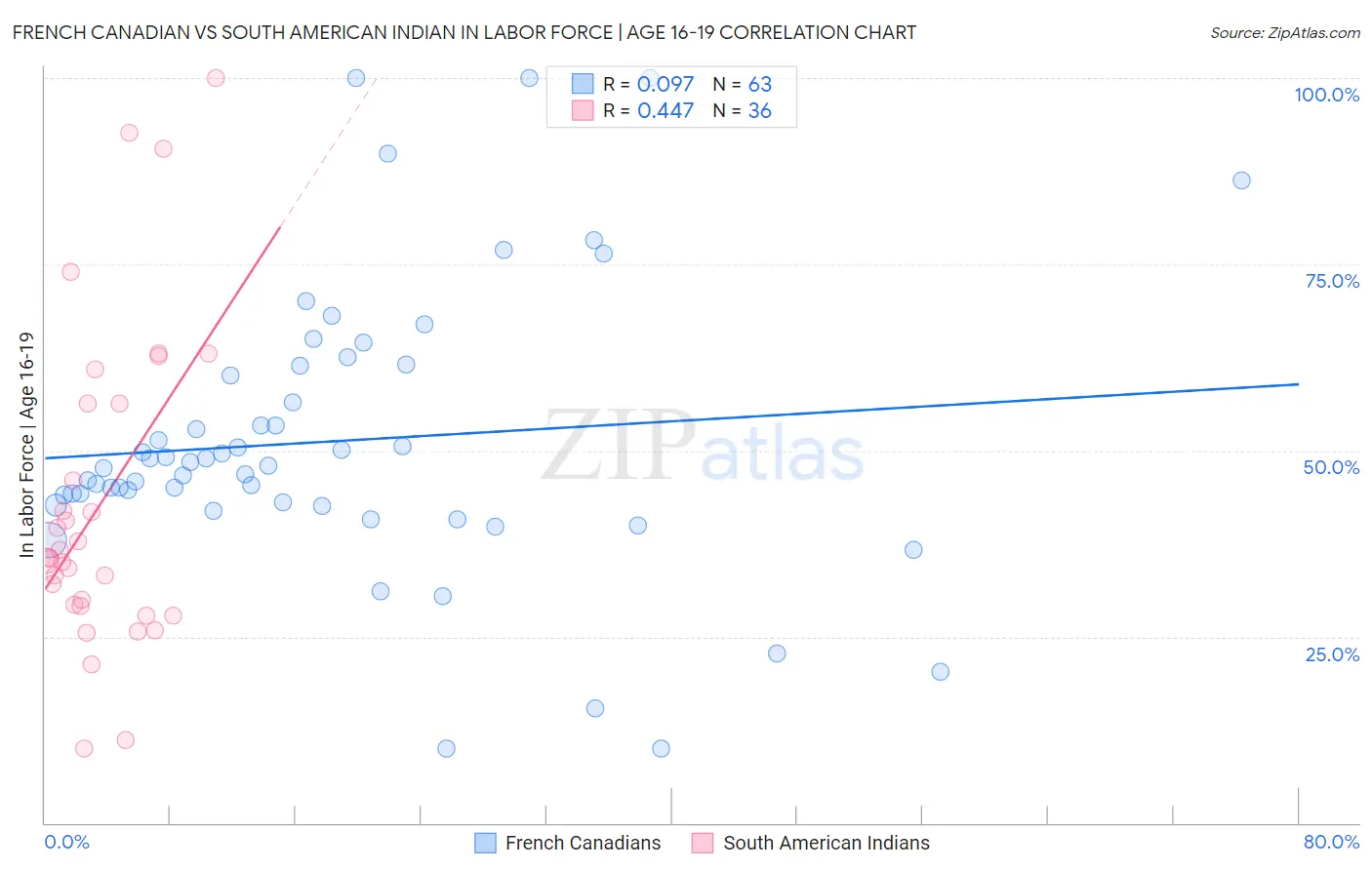 French Canadian vs South American Indian In Labor Force | Age 16-19